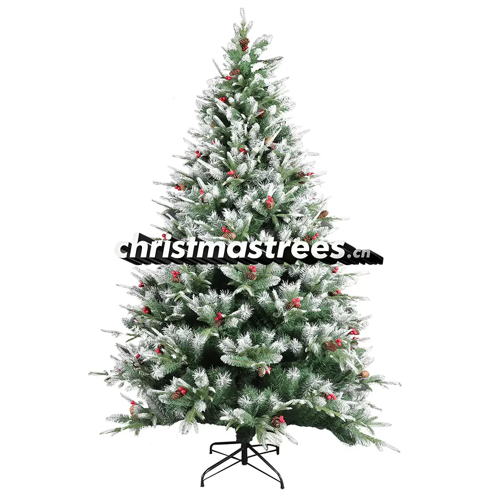 Flocked Spruce Christmas Tree with Snowy Tips & Red Berries, PVC/PE Blend, Winter Wonderland Decor M014