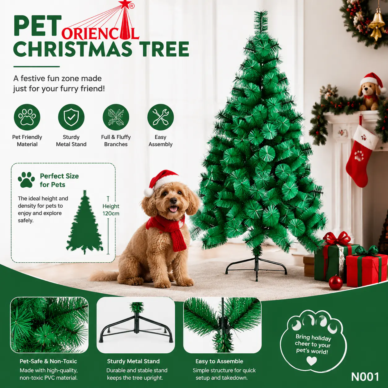 Full Green Spruce Christmas Tree, Realistic Pine Needle Branches, Unlit Evergreen for Indoor Holiday Decor N001