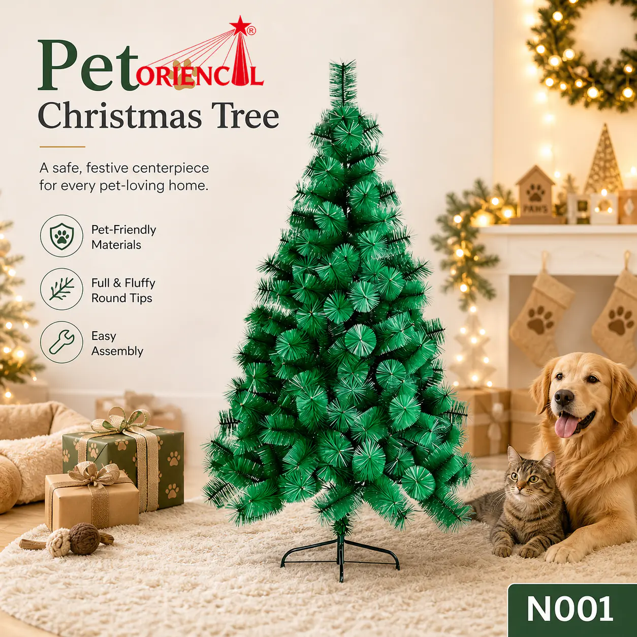 Full Green Spruce Christmas Tree, Realistic Pine Needle Branches, Unlit Evergreen for Indoor Holiday Decor N001