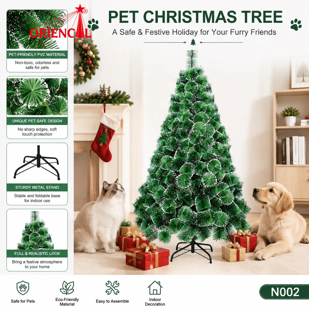 Green Spruce Christmas Tree with Frosted White Tips, Realistic Pine Needle Branches, Unlit with Metal Stand N002
