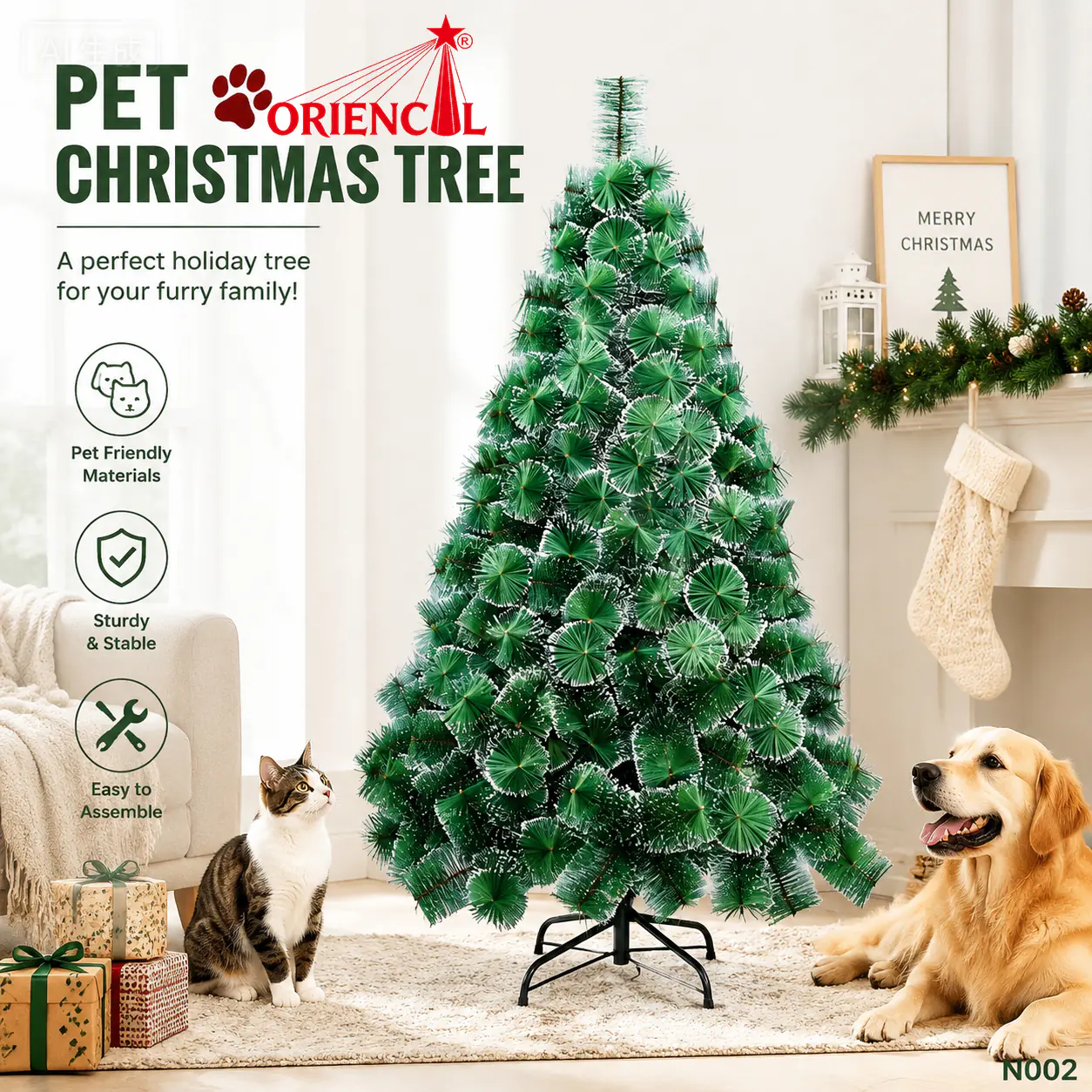 Green Spruce Christmas Tree with Frosted White Tips, Realistic Pine Needle Branches, Unlit with Metal Stand N002