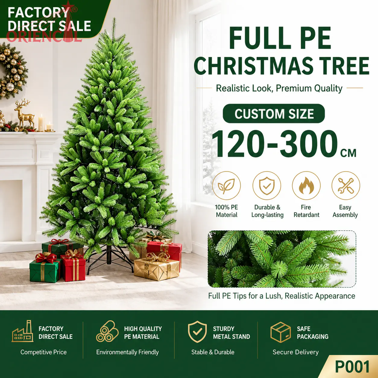 Full Unlit Artificial Spruce Christmas Tree, Lush PE Foliage, Classic Green Evergreen for Home P001