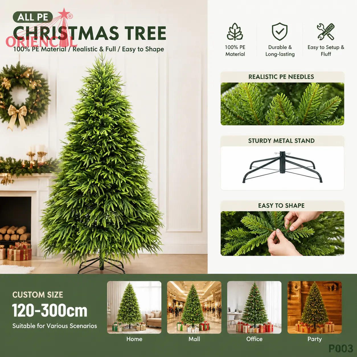 Slim Light Green Artificial Fir Christmas Tree, PE Branches, Minimalist Corner & Nook Decor P003