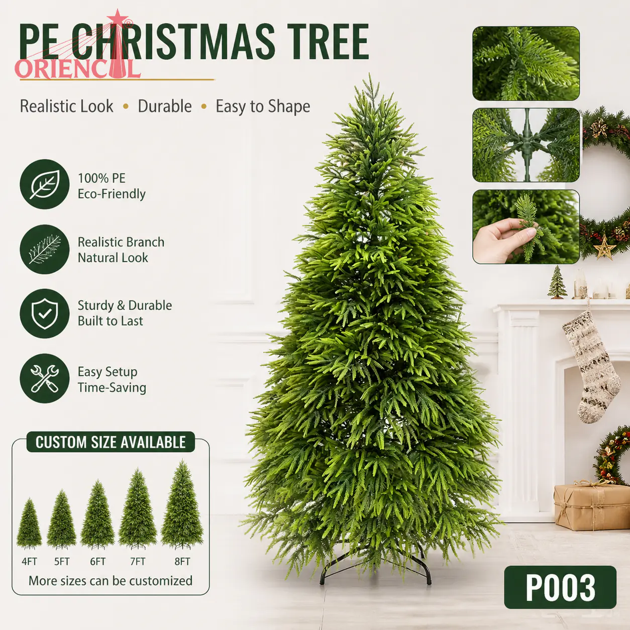 Slim Light Green Artificial Fir Christmas Tree, PE Branches, Minimalist Corner & Nook Decor P003