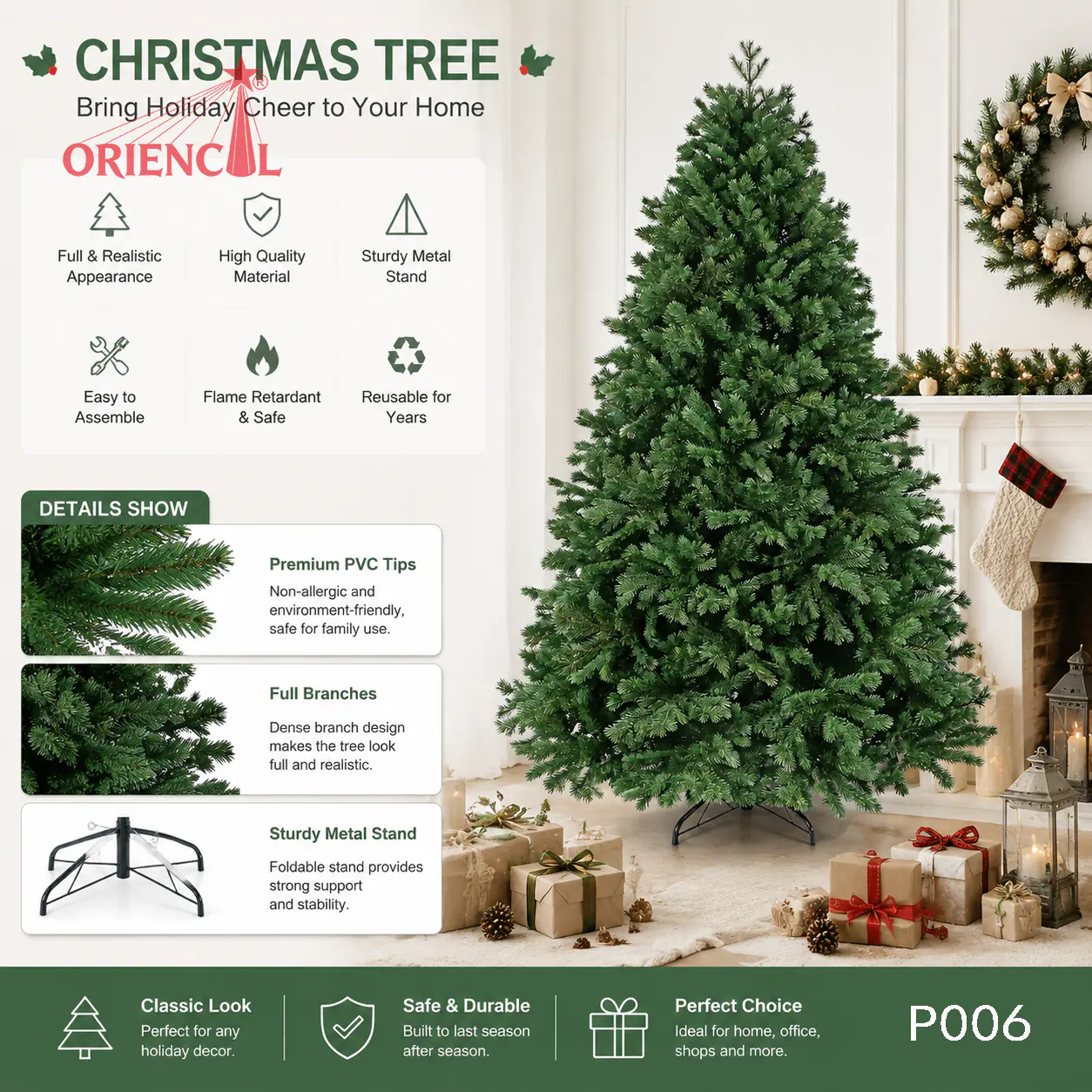 Full-Bodied PE Spruce Christmas Tree, Unlit Green Evergreen, Large Base for Living Room P006