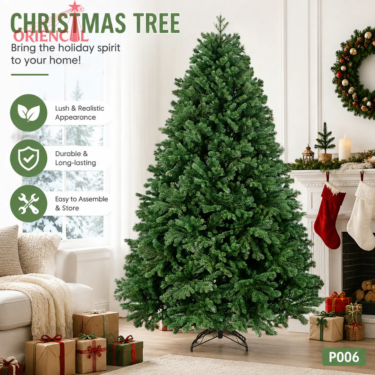 Full-Bodied PE Spruce Christmas Tree, Unlit Green Evergreen, Large Base for Living Room P006