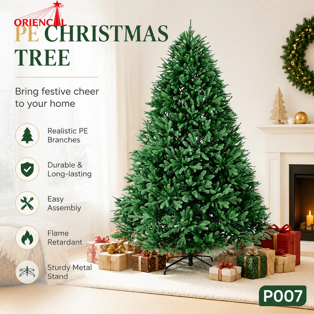 Lush Green PE Spruce Christmas Tree, Unlit Full Size, Indoor Holiday Centerpiece P007