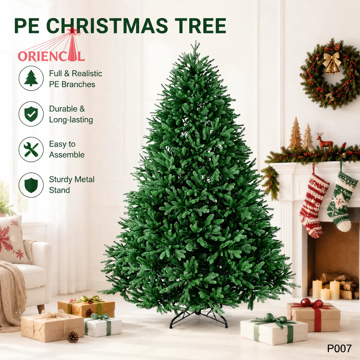 Lush Green PE Spruce Christmas Tree, Unlit Full Size, Indoor Holiday Centerpiece P007