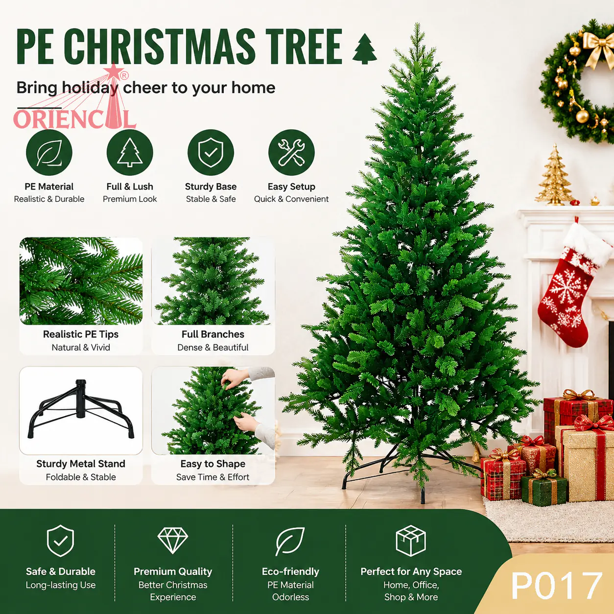 PE Artificial Fir Christmas Tree, Classic Green Fir Tree, Realistic PE Fir Tree, Traditional Christmas Tree for Living Room P017