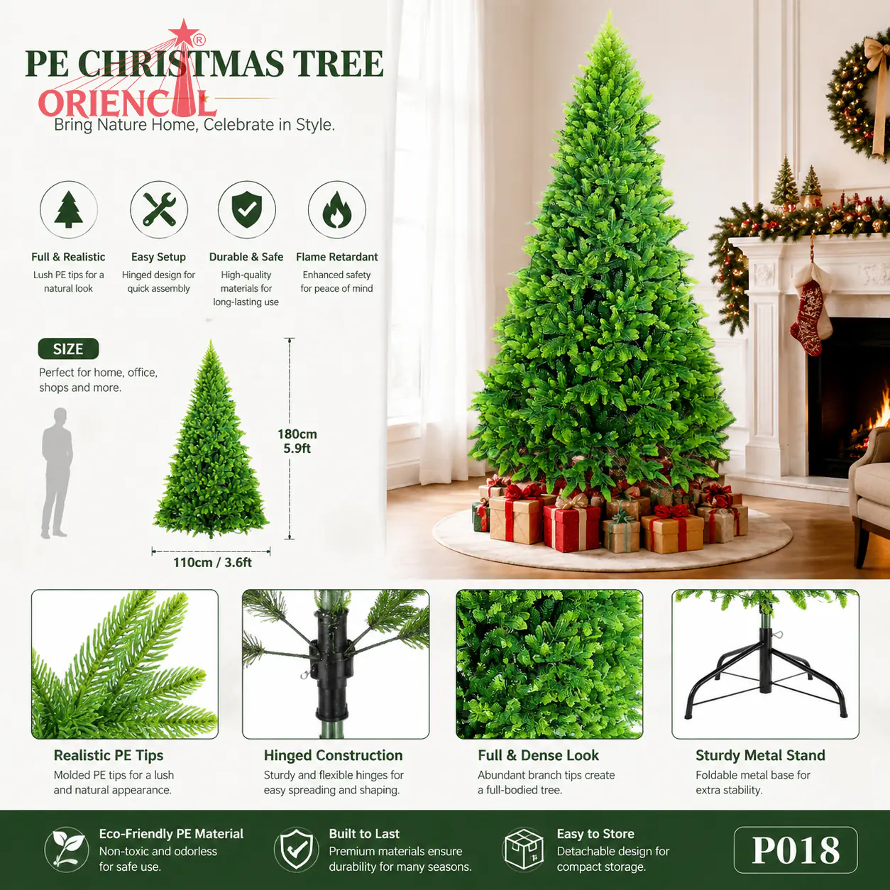 PE Artificial Spruce Christmas Tree, Short & Full Green Spruce Tree, Dense PE Spruce Tree, Unlit Christmas Tree for Small Spaces P018
