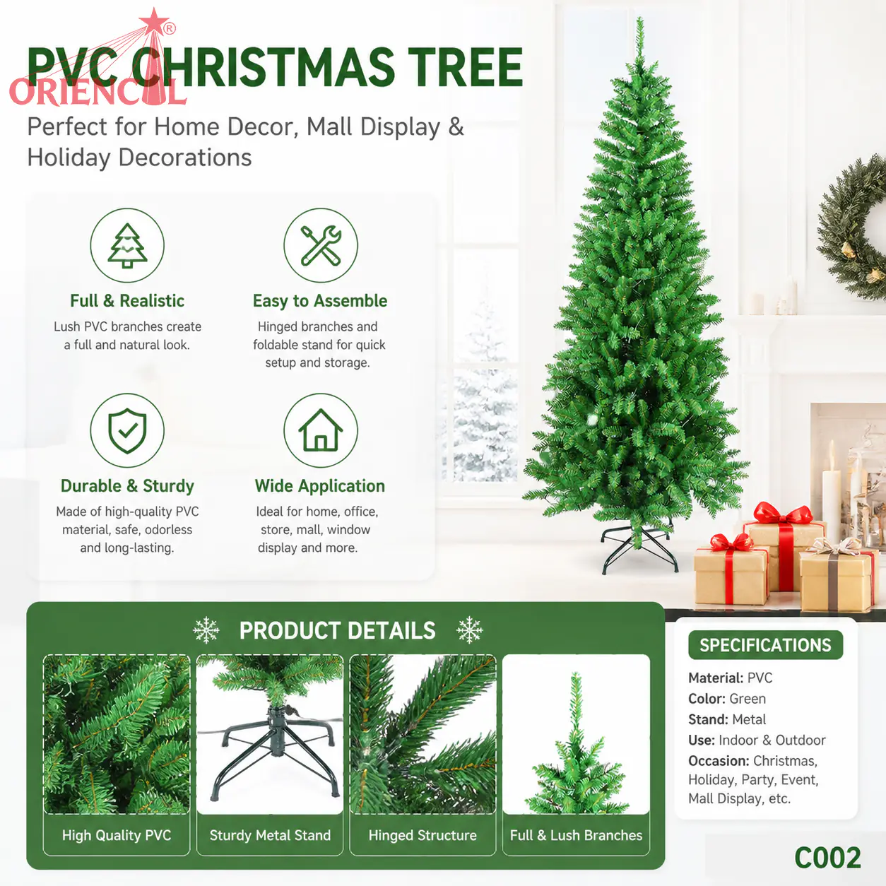 Slim Unlit Artificial Fir Christmas Tree, Pencil Style, Indoor Corner Holiday Decoration C002