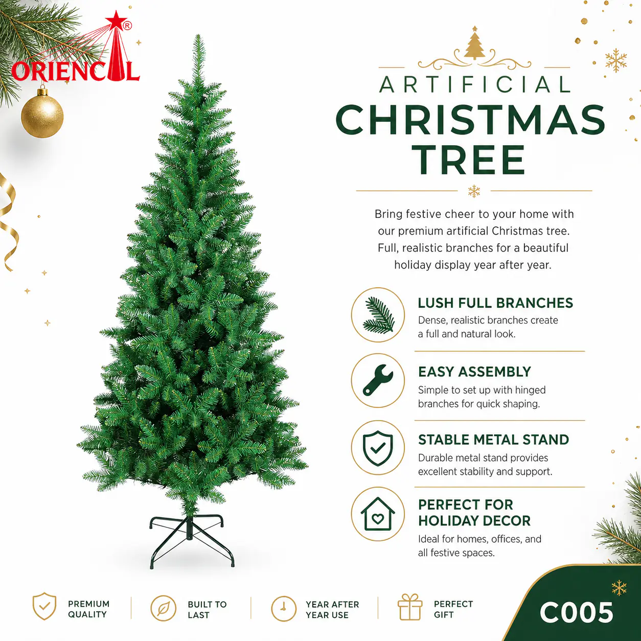 Full Unlit Artificial Spruce Christmas Tree, Thick Green Branches, Classic Home Decor C005