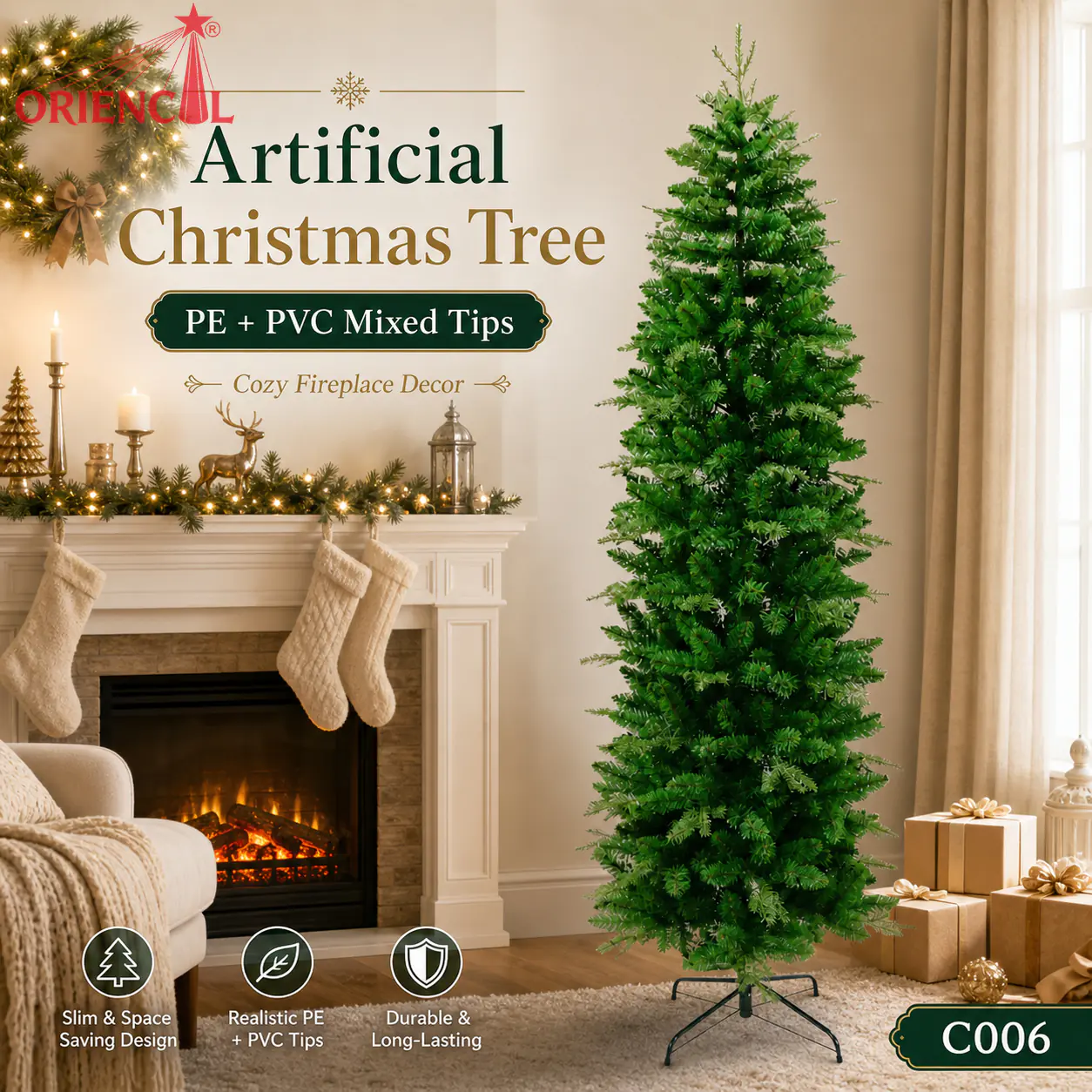 Slim Unlit Artificial Fir Christmas Tree, Thin Pencil Shape, Minimalist Holiday Ornament C006
