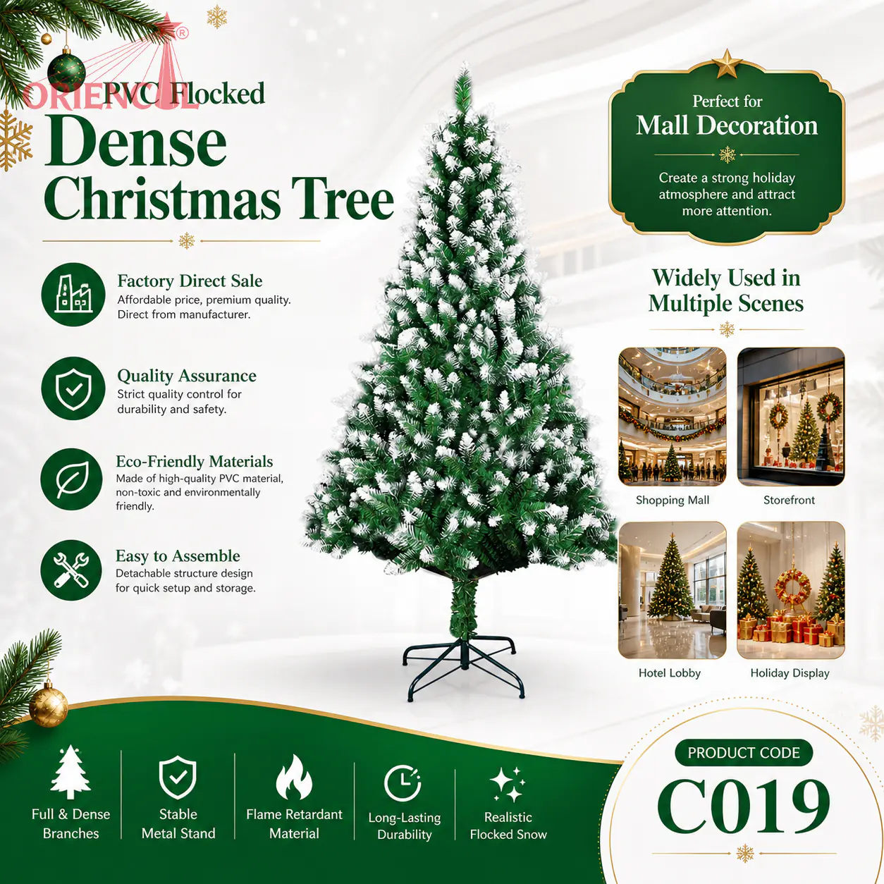 Flocked Artificial Spruce Christmas Tree, Unlit Green with Snowy Tips, Winter Wonderland Decor C019