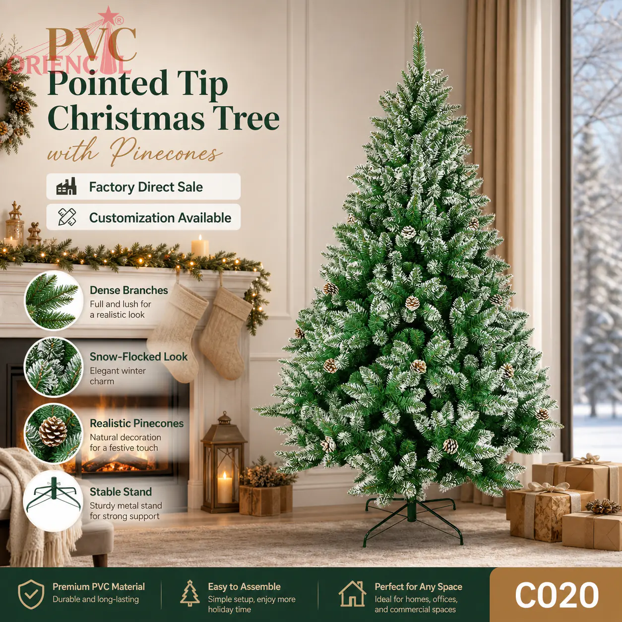 Snow-Flocked Artificial Spruce Christmas Tree, Green with White Tips, Rustic Holiday Decor C020