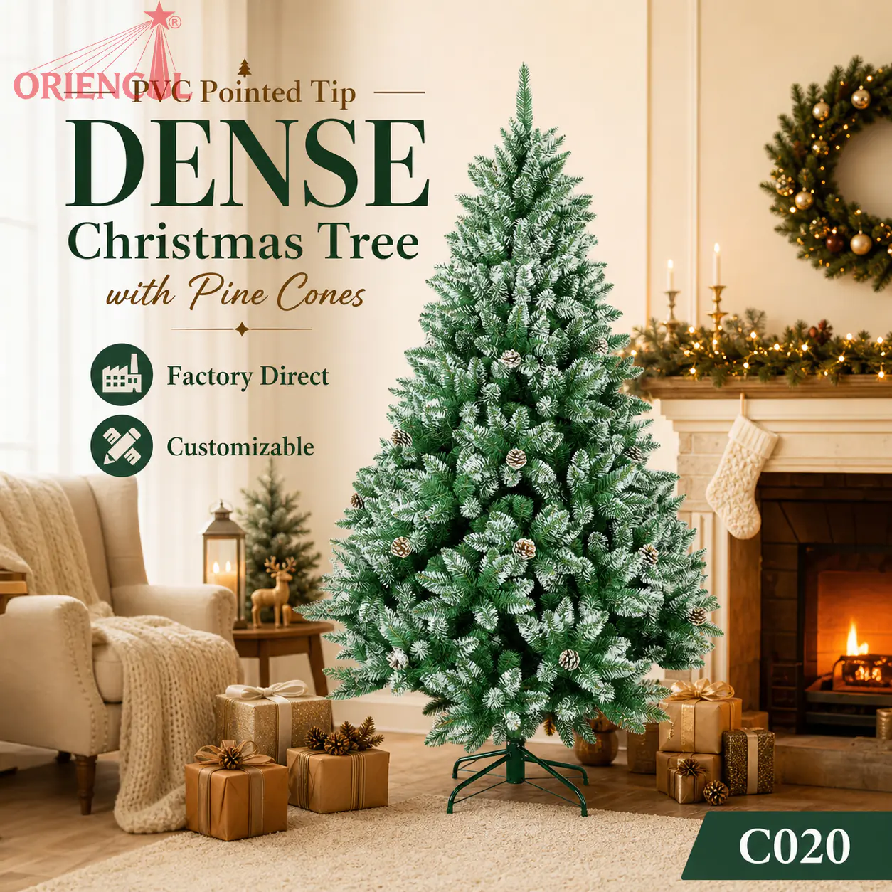 Snow-Flocked Artificial Spruce Christmas Tree, Green with White Tips, Rustic Holiday Decor C020