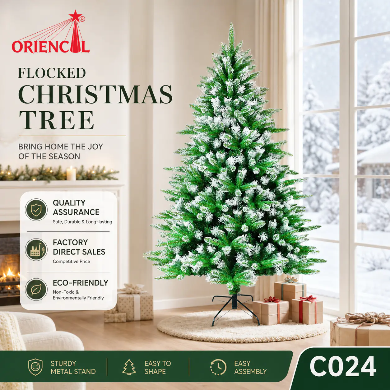 Premium Flocked Artificial Spruce Christmas Tree, Snow-Covered Branches, Farmhouse Decor C024