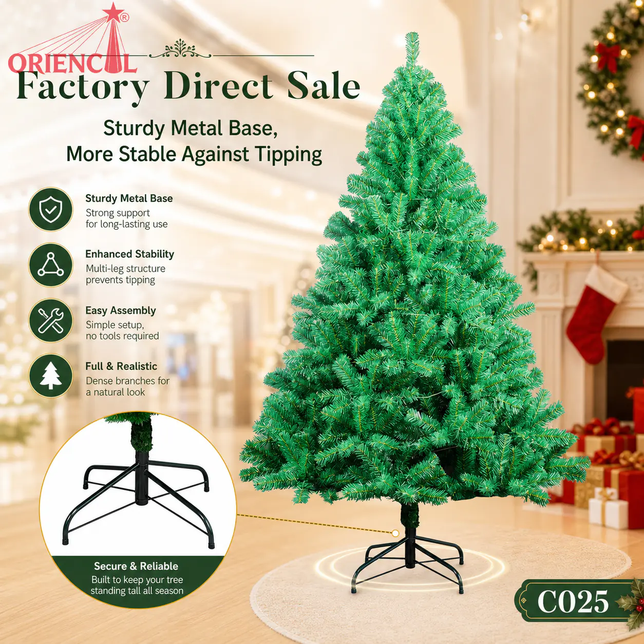 Full Unlit Artificial Spruce Christmas Tree, Extra Thick Branches, Luxury Home Decor C025