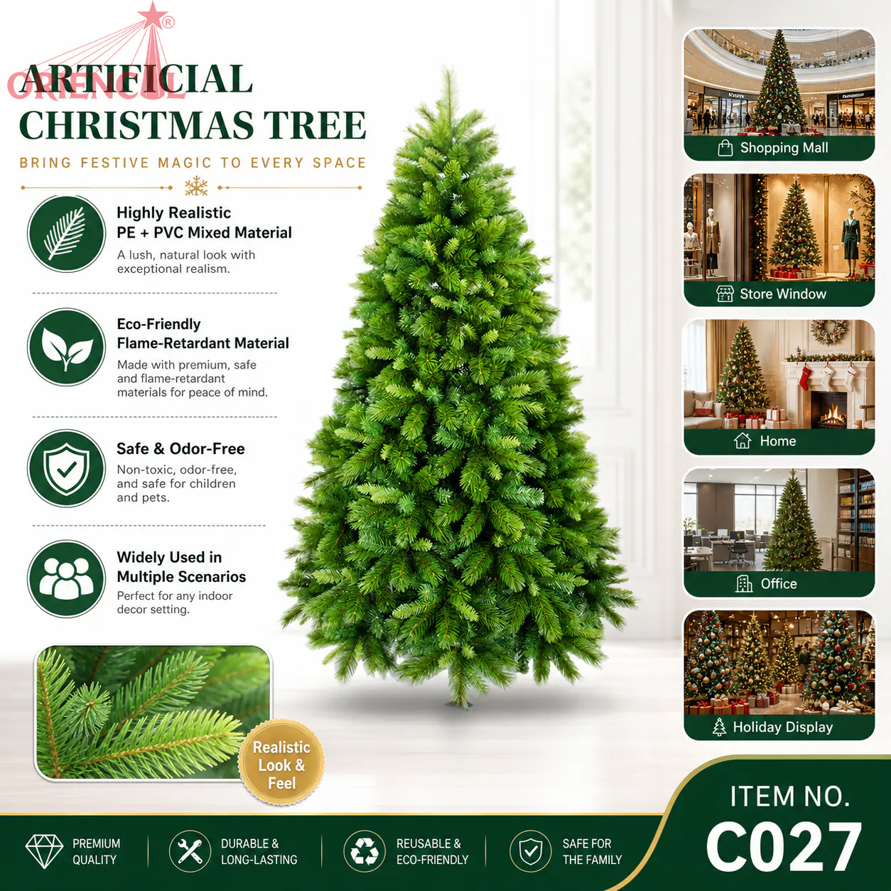 Natural Green Artificial Fir Christmas Tree, Unlit, Realistic Evergreen Indoor Decor C027
