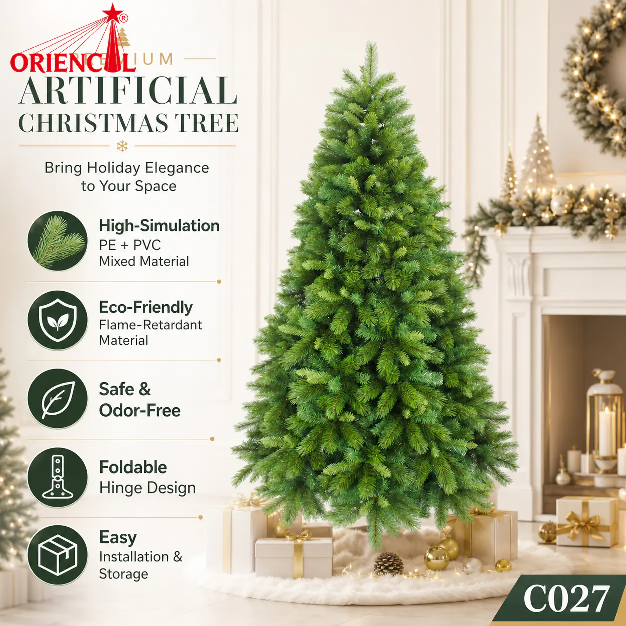 Natural Green Artificial Fir Christmas Tree, Unlit, Realistic Evergreen Indoor Decor C027