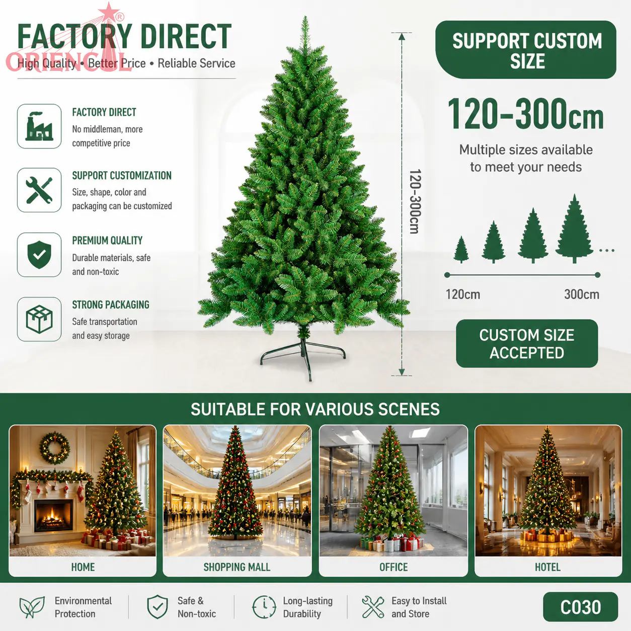 Full Unlit Artificial Spruce Christmas Tree, Natural Green, Easy Assembly Holiday Decor C030