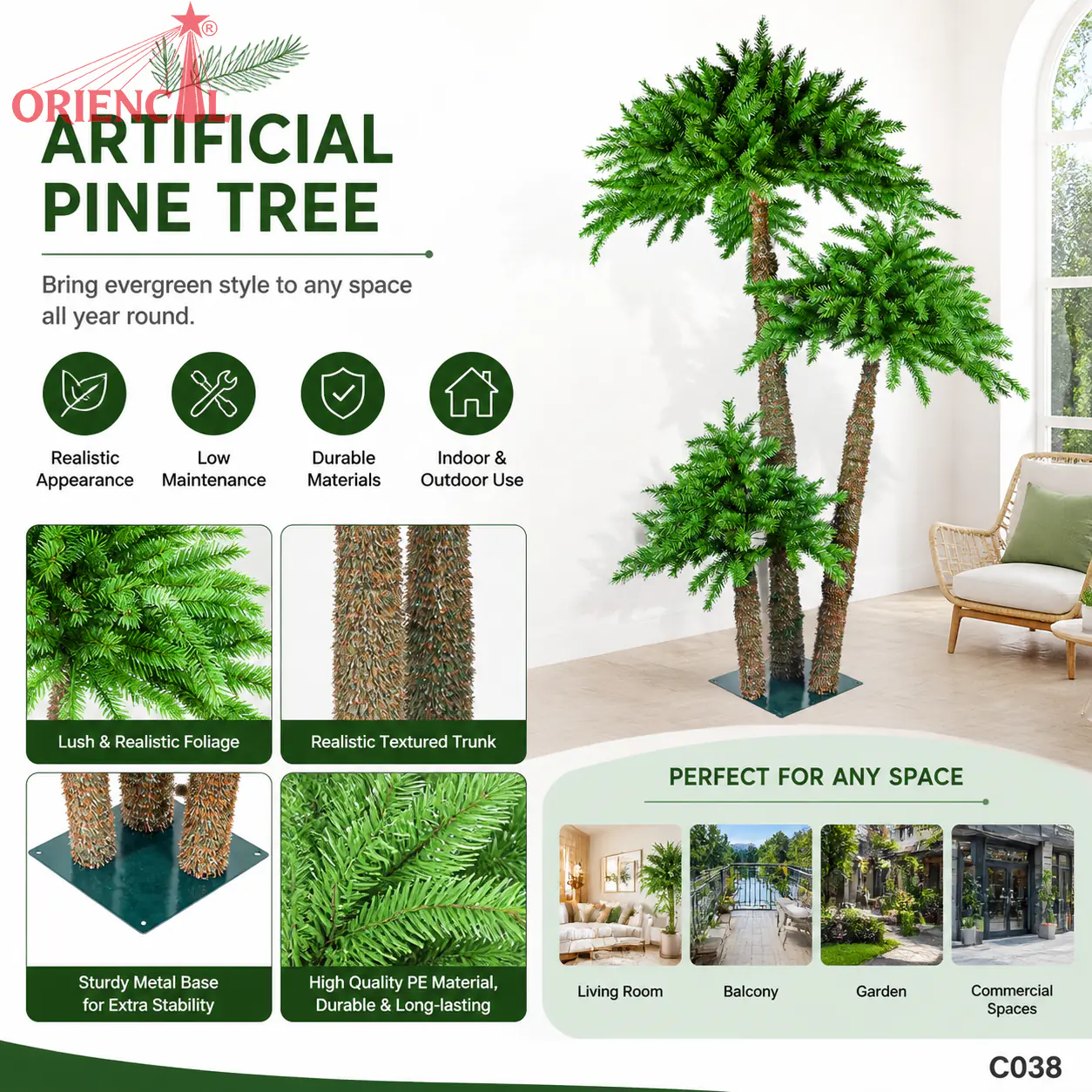 Unlit Triple Artificial Palm Christmas Tree, Multi-Height Tropical Coconut Palm with Metal Base, Indoor & Outdoor Holiday Decor C038