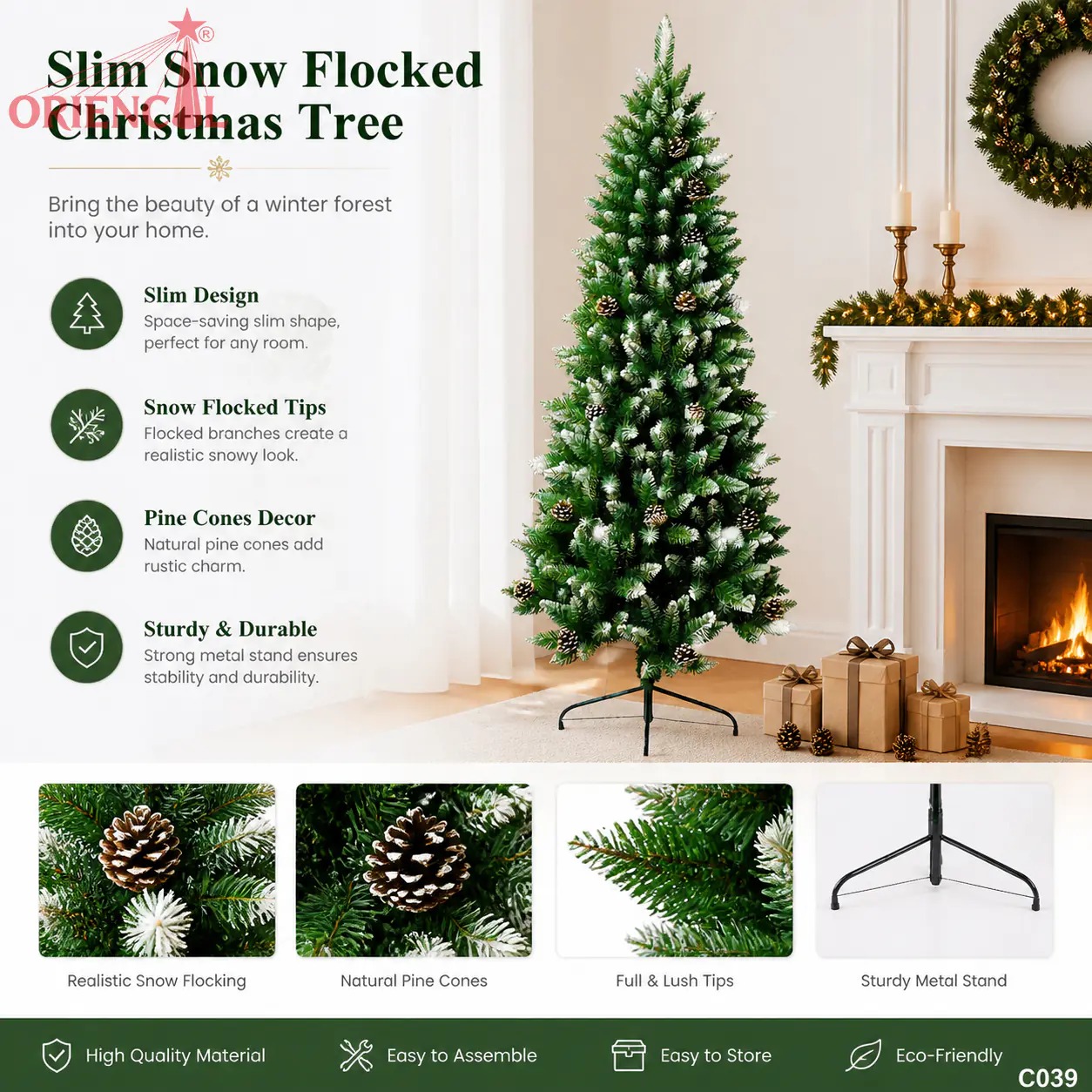 Artificial Flocked Fir Christmas Tree with Pine Cones, PVC Snowy Christmas Tree, Green Fir Christmas Tree for Home Decoration, Indoor Holiday Decor C039