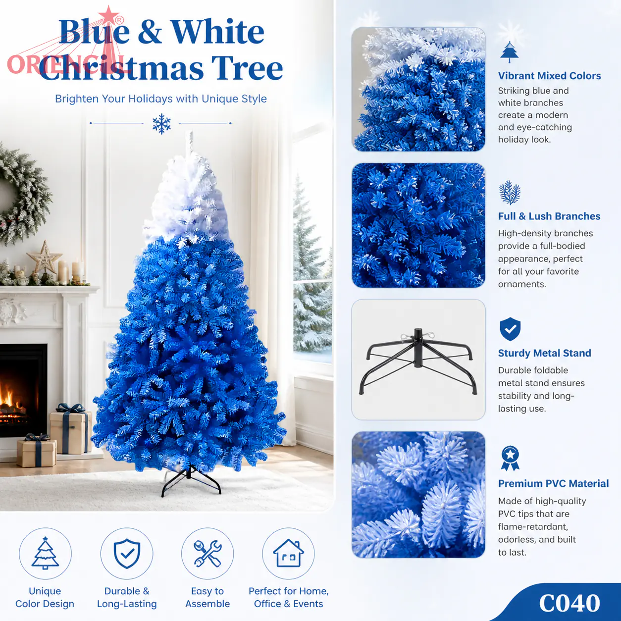 Blue and White Ombre Spruce Christmas Tree, Colorful PVC Artificial Spruce Tree, Flocked Blue Spruce Christmas Tree for Party Decor, Holiday Decoration C040
