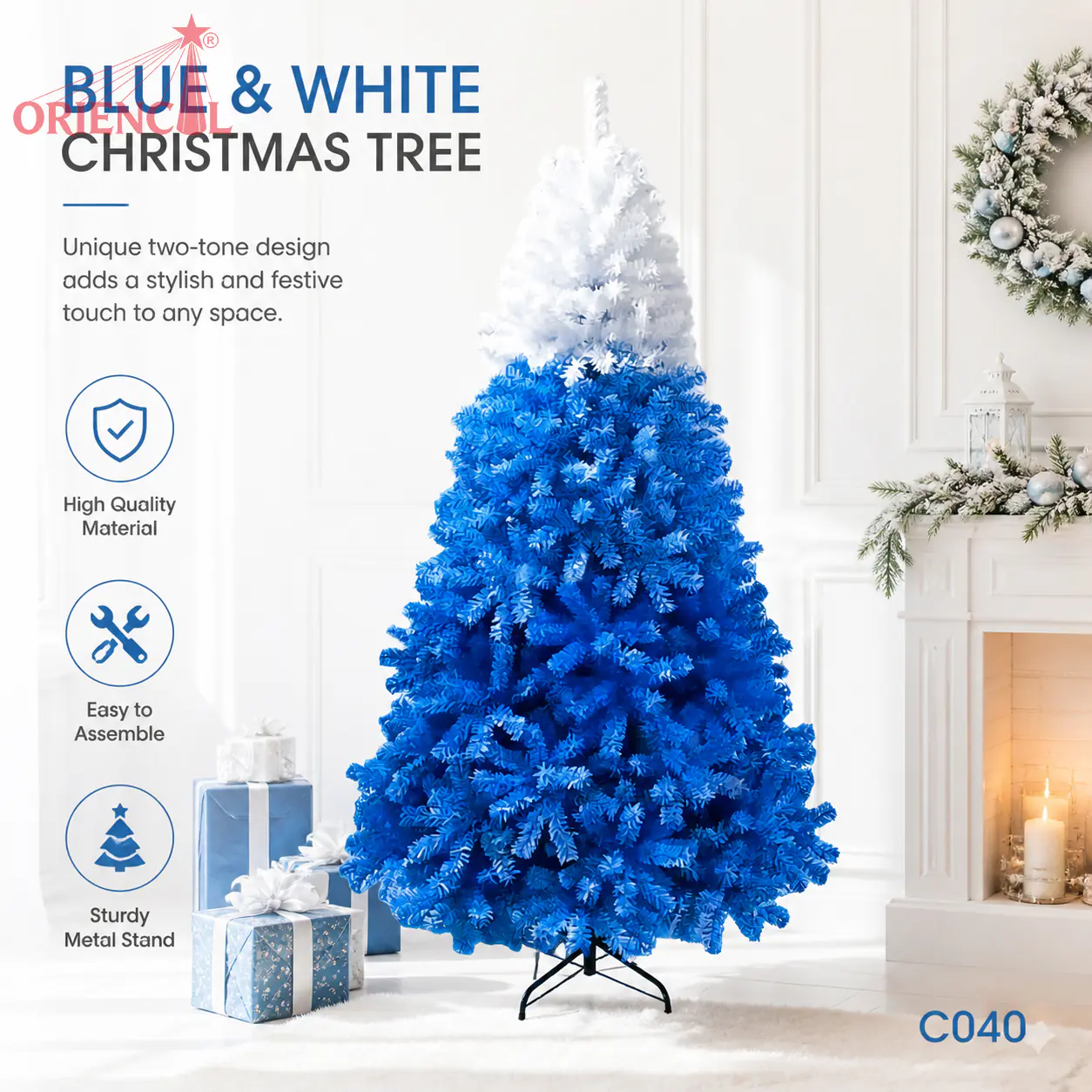 Blue and White Ombre Spruce Christmas Tree, Colorful PVC Artificial Spruce Tree, Flocked Blue Spruce Christmas Tree for Party Decor, Holiday Decoration C040