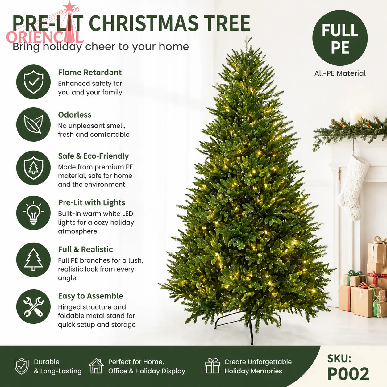 Dense PE Artificial Spruce Christmas Tree, Unlit Full Size, Traditional Indoor Holiday Decor P002