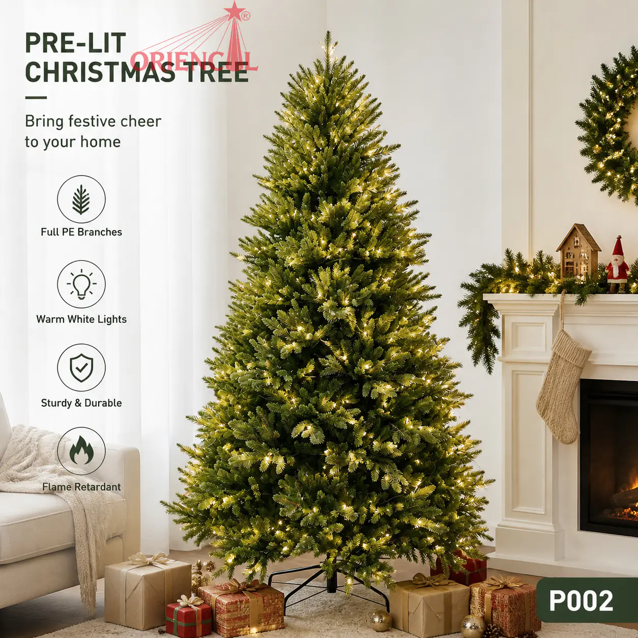 Dense PE Artificial Spruce Christmas Tree, Unlit Full Size, Traditional Indoor Holiday Decor P002