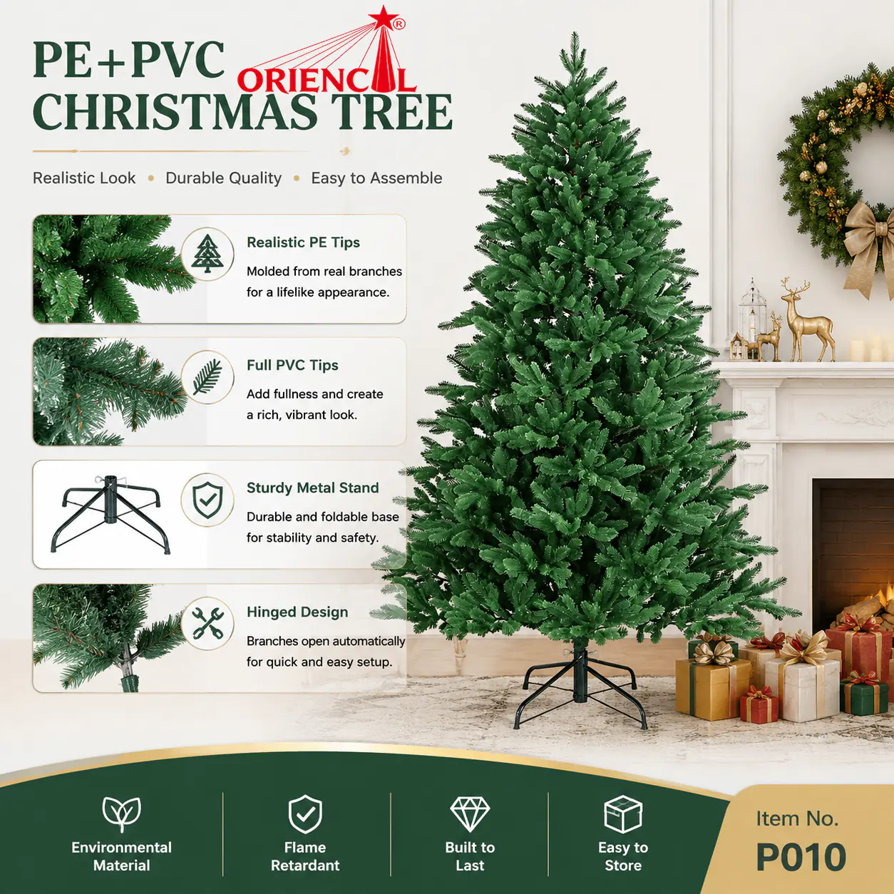 Slim Green Artificial Fir Christmas Tree, PE Branches, Corner & Minimalist Home Decor P010