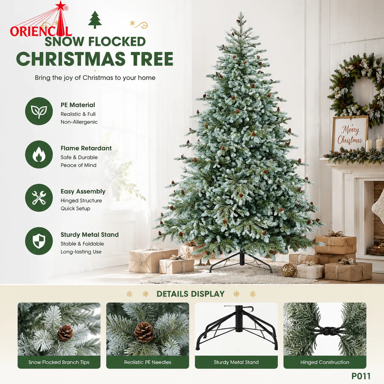 Light Green Flocked-Look PE Spruce Christmas Tree, Unlit Frosted Effect, Winter Holiday Decor P011