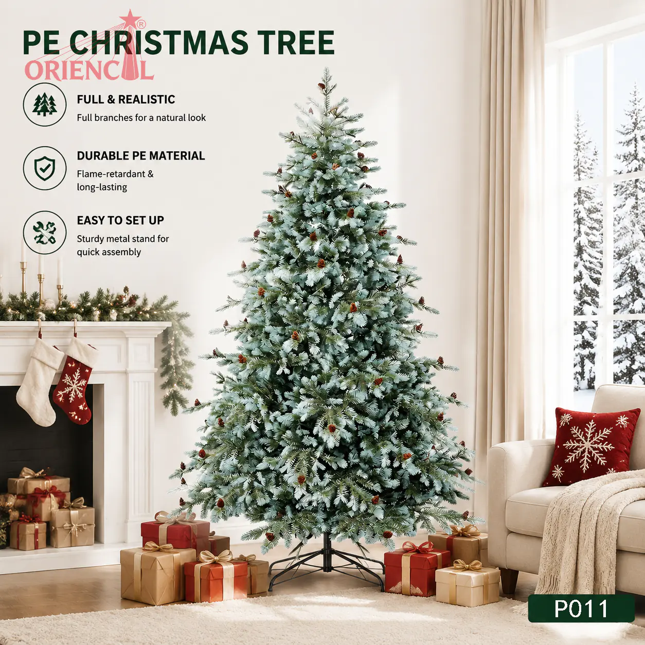 Light Green Flocked-Look PE Spruce Christmas Tree, Unlit Frosted Effect, Winter Holiday Decor P011