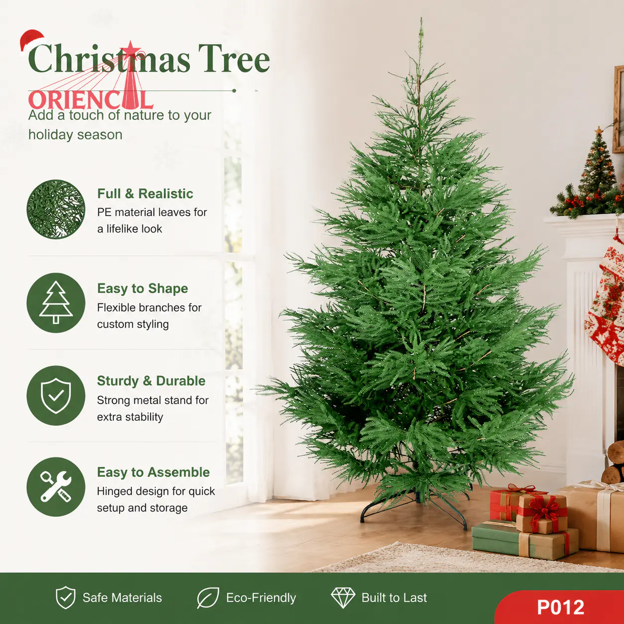 Slim Natural-Looking PE Fir Christmas Tree, Unlit Green Branches, Realistic Indoor Decor P012