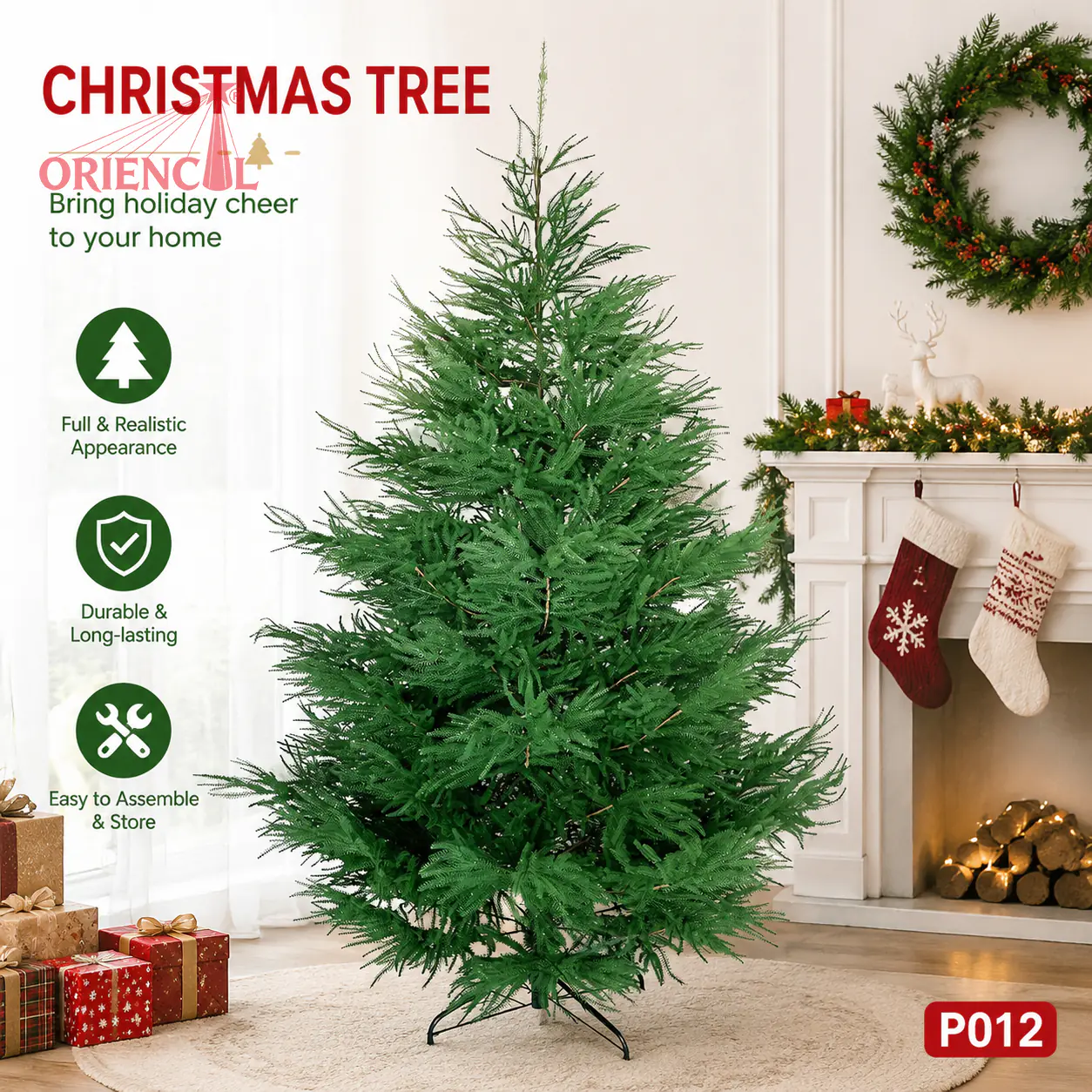 Slim Natural-Looking PE Fir Christmas Tree, Unlit Green Branches, Realistic Indoor Decor P012