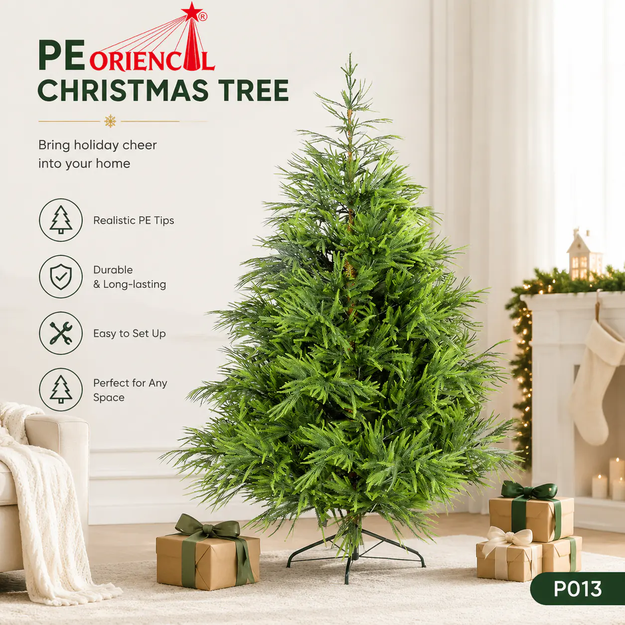 Bright Green Full PE Spruce Christmas Tree, Unlit Lush Foliage, Fresh Modern Holiday Decor P013