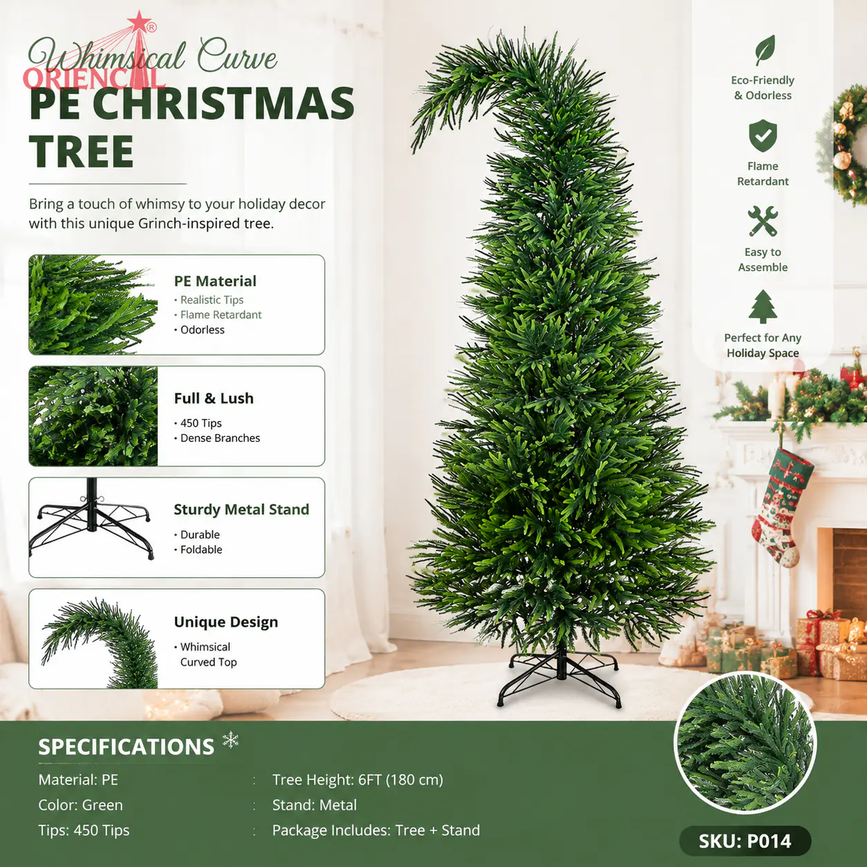 Whimsical Leaning PE Fir Christmas Tree, Unlit Green Branches, Unique Fun Festive Decor P014