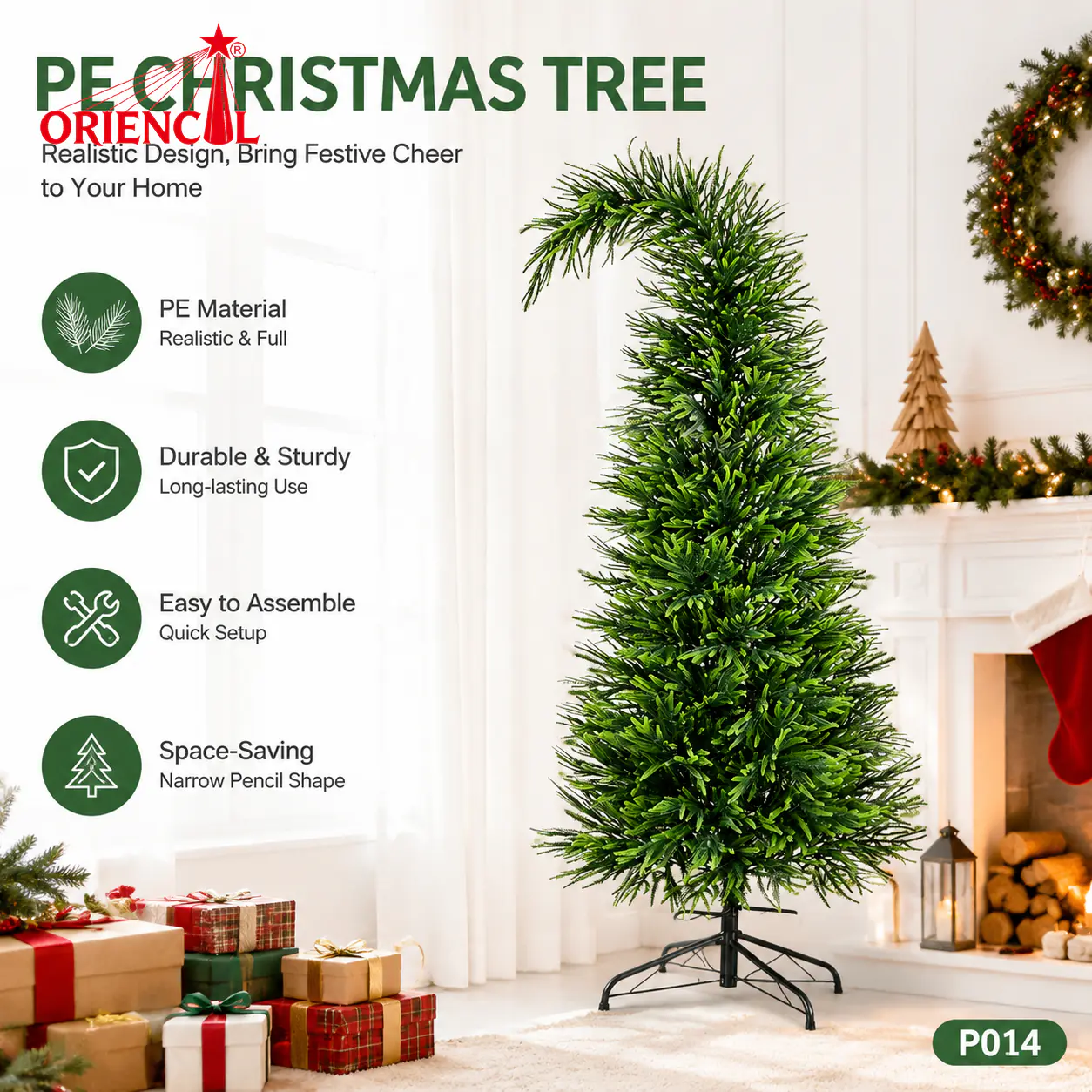 Whimsical Leaning PE Fir Christmas Tree, Unlit Green Branches, Unique Fun Festive Decor P014