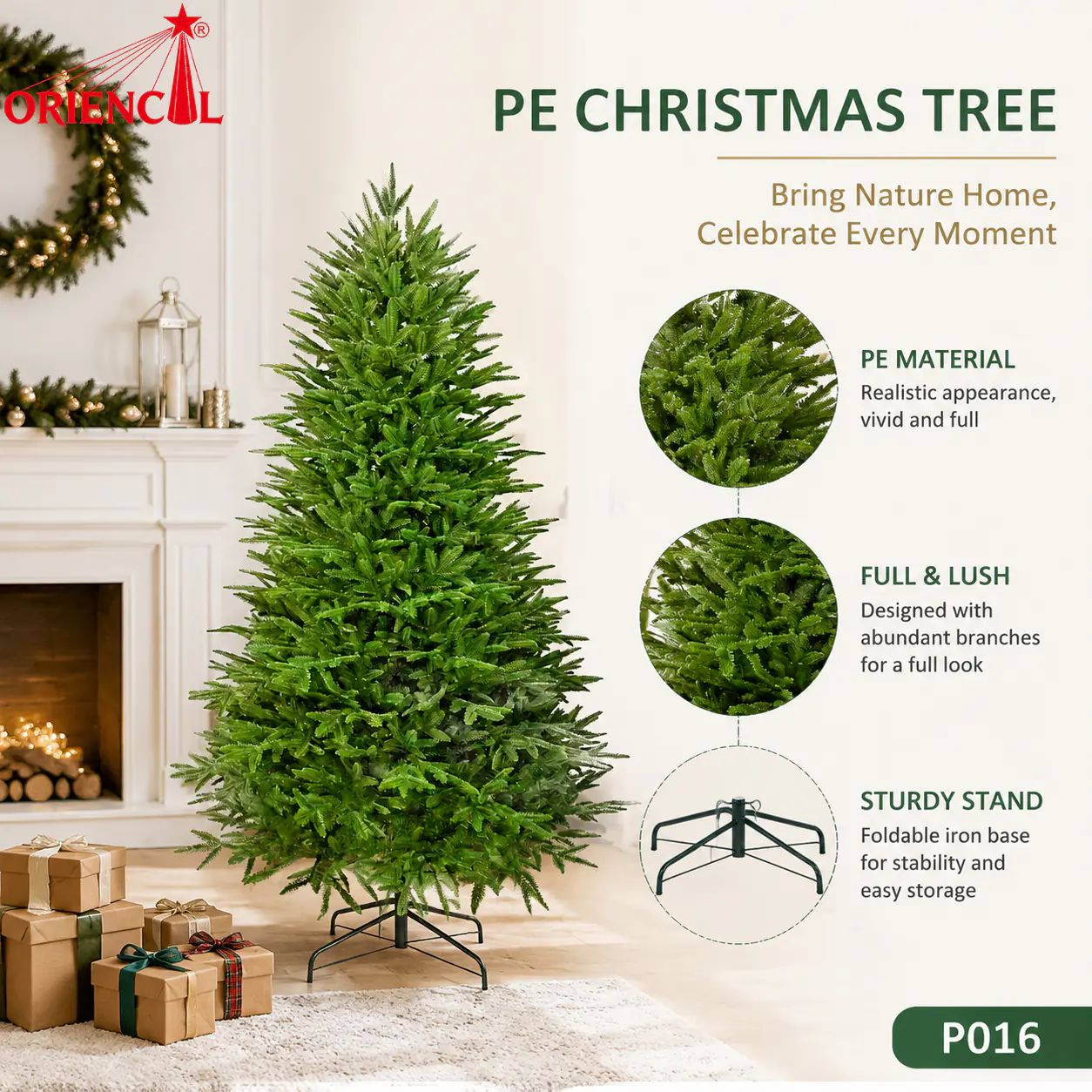PE Artificial Fir Christmas Tree, Full Green Fir Tree, Wide Base PE Fir Tree, Natural Looking Christmas Tree, Indoor Holiday Decoration P016