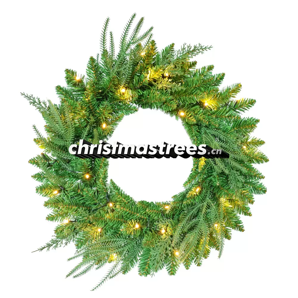 Green Christmas Wreath with Golden Accents, Unlit Evergreen, Festive Holiday Decor W006