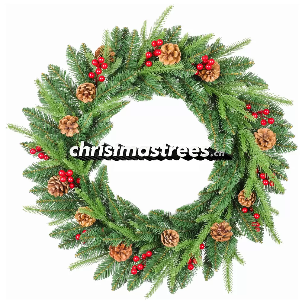Christmas Wreath with Red Berries & Pine Cones, Unlit Evergreen, Rustic Farmhouse Decor W009