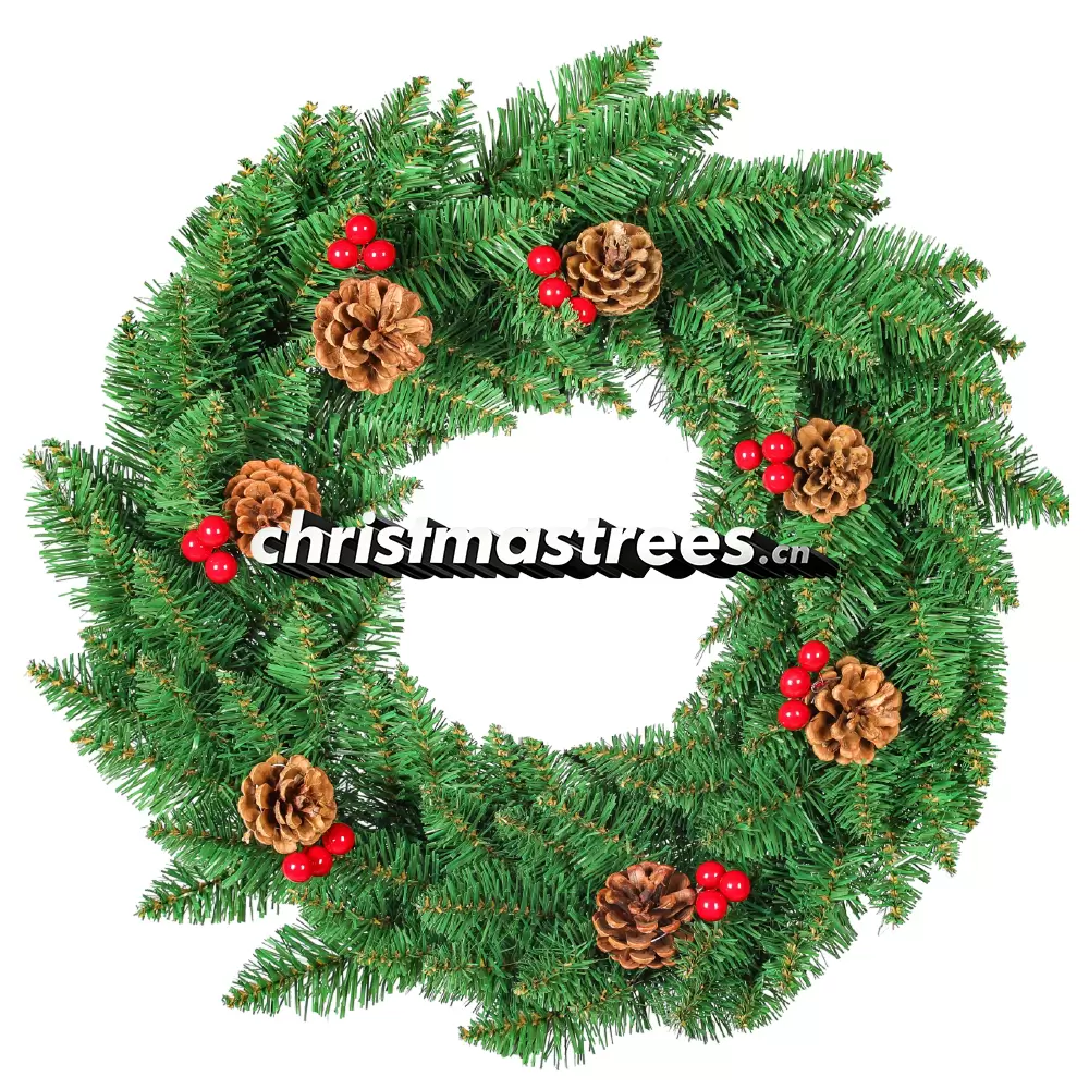 Lush Christmas Wreath with Red Berries & Pine Cones, Unlit, Rustic Holiday Door Decor W010