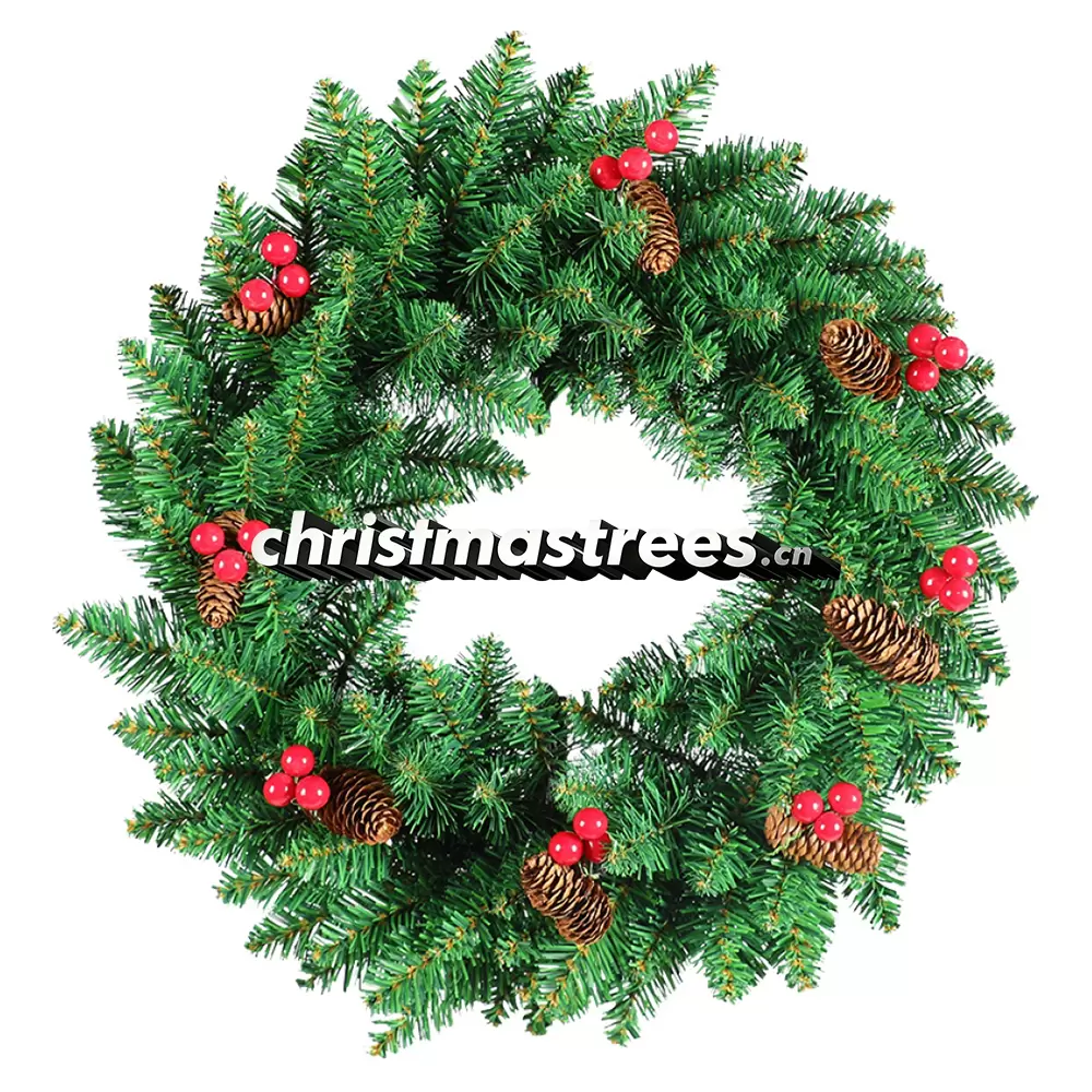 Full Christmas Wreath with Red Berries & Pine Cones, Unlit Evergreen, Classic Holiday Decor W011