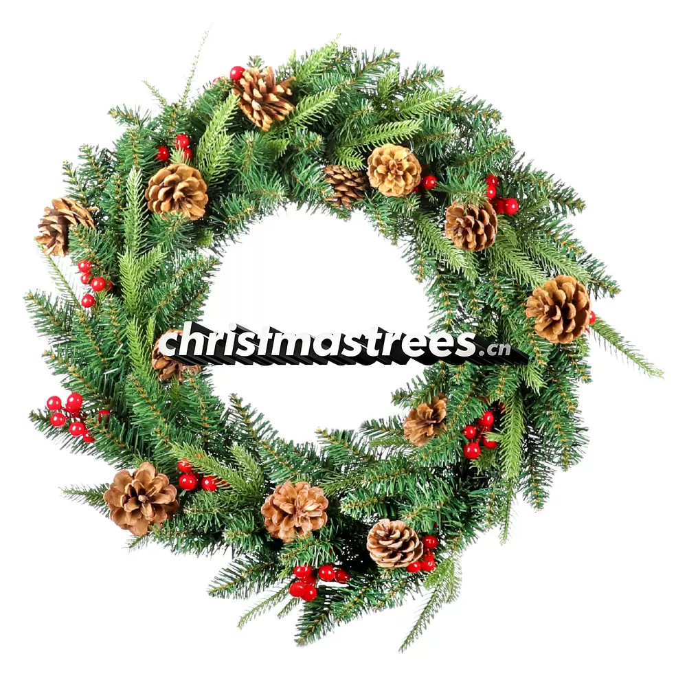 Christmas Wreath with Red Berries & Natural Pine Cones, Unlit, Rustic Holiday Decor W012