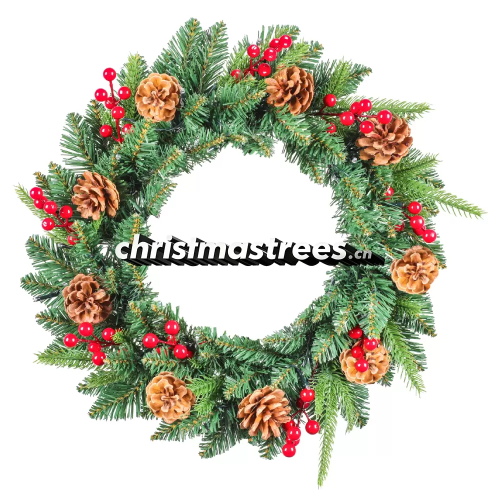 Rustic Christmas Wreath with Red Berries & Pine Cones, Unlit Evergreen, Farmhouse Door Decor W013