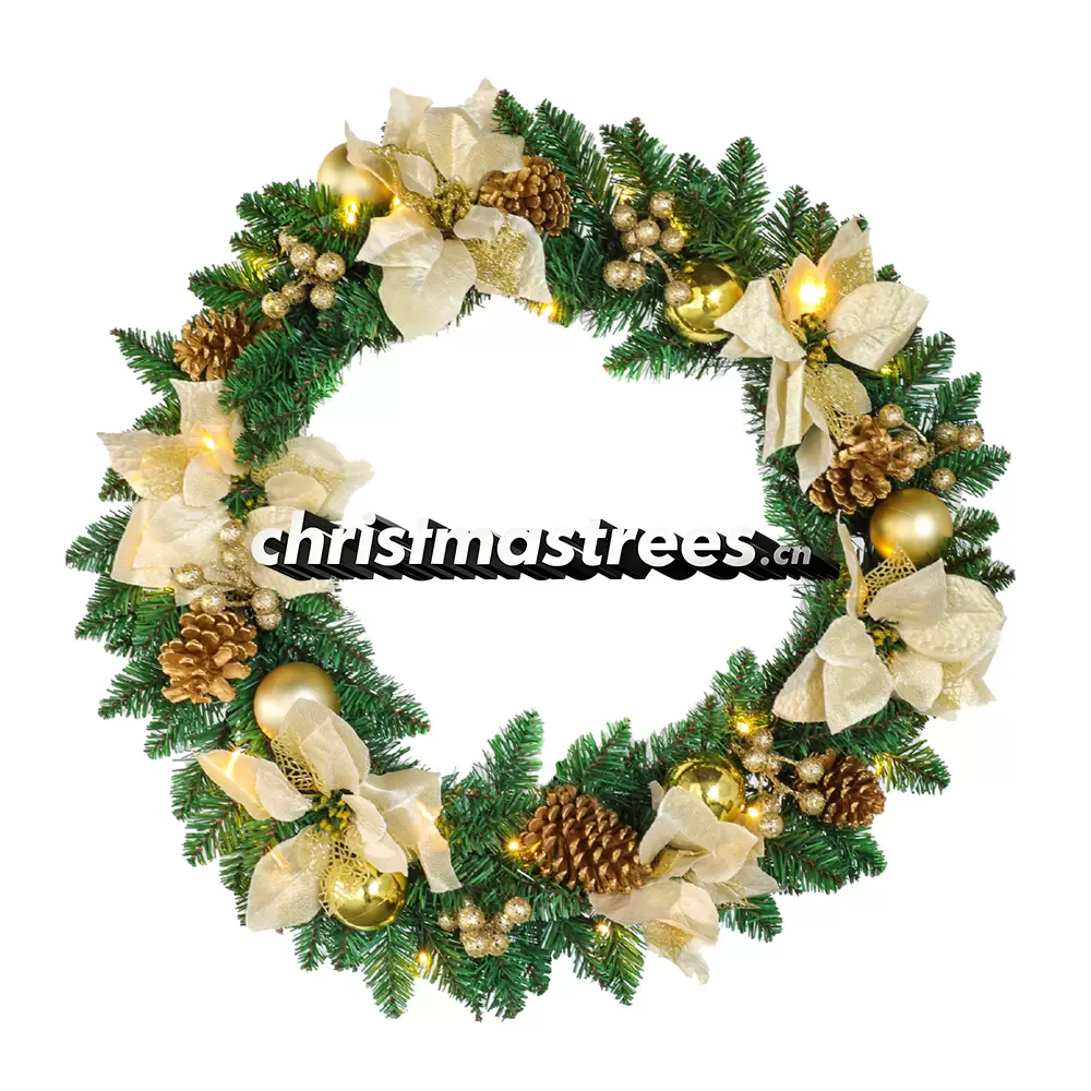 Cream & Gold Christmas Wreath with Floral Accents, Unlit Evergreen, Elegant Holiday Decor W017