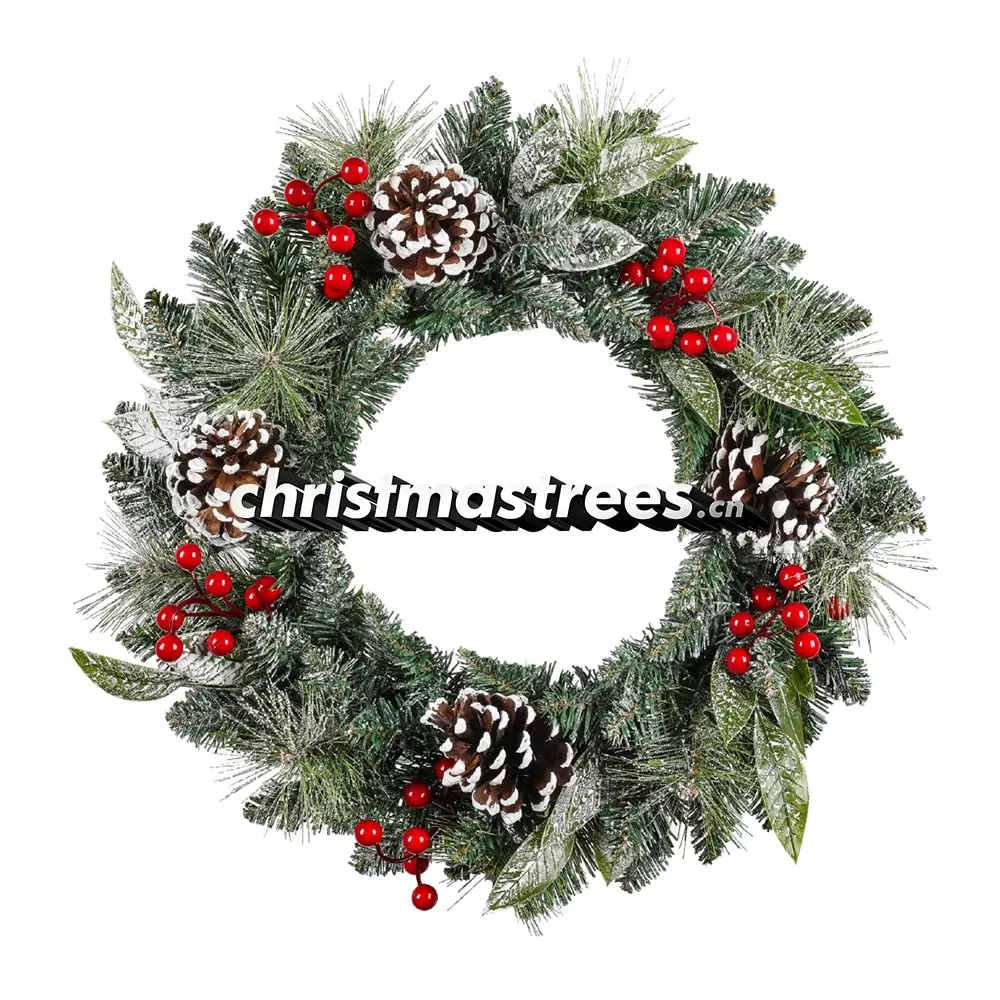 Frosted Christmas Wreath with Pine Cones & Red Berries, Unlit Evergreen, Winter Decor W018
