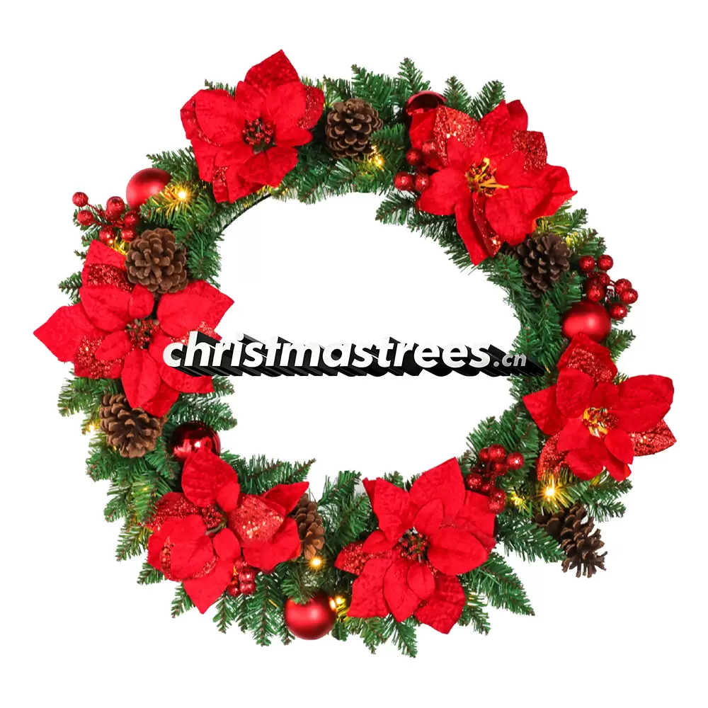 Christmas Wreath with Red Poinsettia Flowers, Unlit Evergreen, Bold Festive Door Decor W019