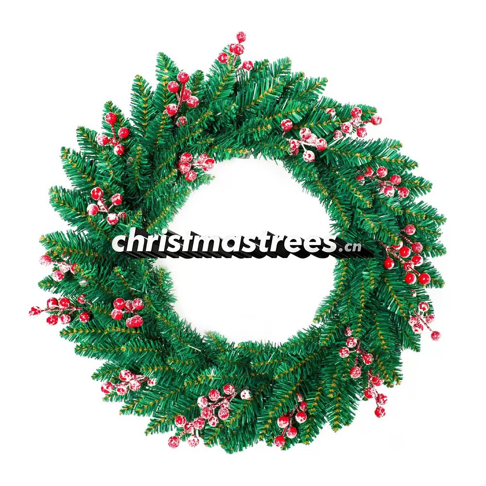 Christmas Wreath with Small Red Berries, Unlit Evergreen, Simple Festive Door Decor W021